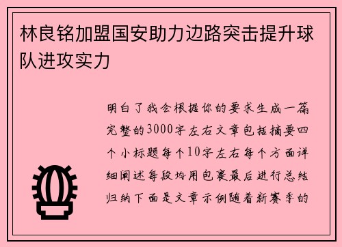 林良铭加盟国安助力边路突击提升球队进攻实力